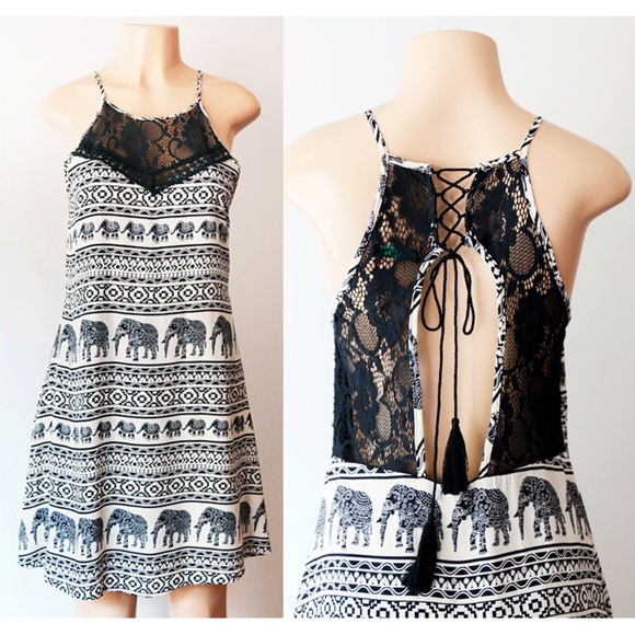 Cals Dresses & Skirts - Navy Blue Elephant Lace Up Cutout Back Shift Dress